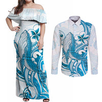 Blue Hawaii Humpback Whale Couples Matching Off Shoulder Maxi Dress and Long Sleeve Button Shirt Polynesian Tribal Ocean Vibes LT14 Blue - Polynesian Pride