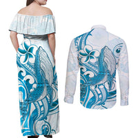 Blue Hawaii Humpback Whale Couples Matching Off Shoulder Maxi Dress and Long Sleeve Button Shirt Polynesian Tribal Ocean Vibes LT14 - Polynesian Pride