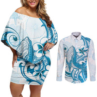 Blue Hawaii Humpback Whale Couples Matching Off Shoulder Short Dress and Long Sleeve Button Shirt Polynesian Tribal Ocean Vibes LT14 Blue - Polynesian Pride
