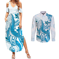 Blue Hawaii Humpback Whale Couples Matching Summer Maxi Dress and Long Sleeve Button Shirt Polynesian Tribal Ocean Vibes LT14 Blue - Polynesian Pride