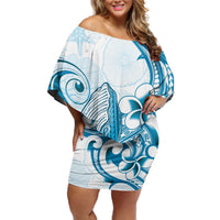Blue Hawaii Humpback Whale Off Shoulder Short Dress Polynesian Tribal Ocean Vibes LT14 Women Blue - Polynesian Pride