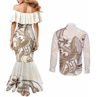 Brown Hawaii Humpback Whale Couples Matching Mermaid Dress and Long Sleeve Button Shirt Polynesian Tribal Ocean Vibes LT14 - Polynesian Pride