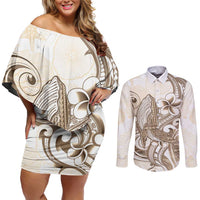 Brown Hawaii Humpback Whale Couples Matching Off Shoulder Short Dress and Long Sleeve Button Shirt Polynesian Tribal Ocean Vibes LT14 Brown - Polynesian Pride