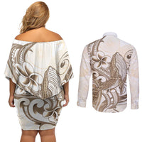 Brown Hawaii Humpback Whale Couples Matching Off Shoulder Short Dress and Long Sleeve Button Shirt Polynesian Tribal Ocean Vibes LT14 - Polynesian Pride