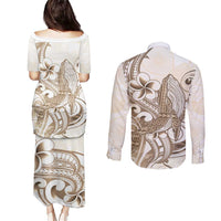 Brown Hawaii Humpback Whale Couples Matching Puletasi and Long Sleeve Button Shirt Polynesian Tribal Ocean Vibes LT14 - Polynesian Pride