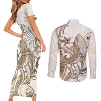 Brown Hawaii Humpback Whale Couples Matching Short Sleeve Bodycon Dress and Long Sleeve Button Shirt Polynesian Tribal Ocean Vibes LT14 - Polynesian Pride