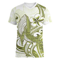 Lime Green Hawaii Women V-Neck T-Shirt Humpback Whale Tattoo Polynesian Tribal Ocean Vibes