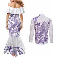 Purple Hawaii Couples Matching Mermaid Dress and Long Sleeve Button Shirt Humpback Whale Tattoo Polynesian Tribal Ocean Vibes