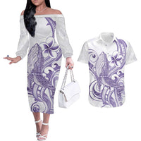Purple Hawaii Couples Matching Off The Shoulder Long Sleeve Dress and Hawaiian Shirt Humpback Whale Tattoo Polynesian Tribal Ocean Vibes LT14 Purple - Polynesian Pride
