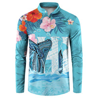 Personalised Hawaii Button Sweatshirt Humpback Whale Tattoo With Tropical Flowers LT14 Blue - Polynesian Pride