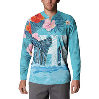 Personalised Hawaii Button Sweatshirt Humpback Whale Tattoo With Tropical Flowers LT14 - Polynesian Pride