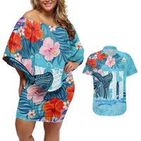 Personalised Hawaii Couples Matching Off Shoulder Short Dress and Hawaiian Shirt Humpback Whale Tattoo With Tropical Flowers LT14 Blue - Polynesian Pride