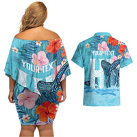 Personalised Hawaii Couples Matching Off Shoulder Short Dress and Hawaiian Shirt Humpback Whale Tattoo With Tropical Flowers LT14 - Polynesian Pride