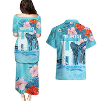 Personalised Hawaii Couples Matching Puletasi and Hawaiian Shirt Humpback Whale Tattoo With Tropical Flowers LT14 - Polynesian Pride