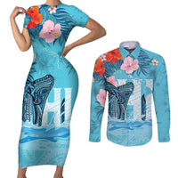 Personalised Hawaii Couples Matching Short Sleeve Bodycon Dress and Long Sleeve Button Shirt Humpback Whale Tattoo With Tropical Flowers LT14 Blue - Polynesian Pride