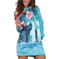 Personalised Hawaii Hoodie Dress Humpback Whale Tattoo With Tropical Flowers LT14 Blue - Polynesian Pride