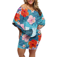 Personalised Hawaii Off Shoulder Short Dress Humpback Whale Tattoo With Tropical Flowers LT14 Women Blue - Polynesian Pride