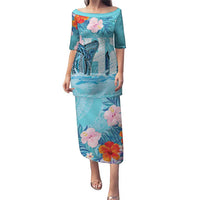 Personalised Hawaii Puletasi Humpback Whale Tattoo With Tropical Flowers LT14 Long Dress Blue - Polynesian Pride