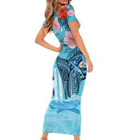 Personalised Hawaii Short Sleeve Bodycon Dress Humpback Whale Tattoo With Tropical Flowers