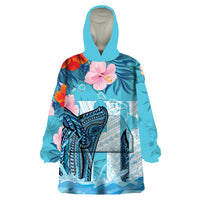 Personalised Hawaii Wearable Blanket Hoodie Humpback Whale Tattoo With Tropical Flowers LT14 One Size Blue - Polynesian Pride