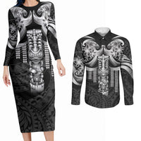 Tiki Drum Hawaii Couples Matching Long Sleeve Bodycon Dress and Long Sleeve Button Shirt Hawaiian Kakau Tattoo Style LT14 Black - Polynesian Pride