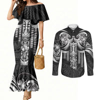 Tiki Drum Hawaii Couples Matching Mermaid Dress and Long Sleeve Button Shirt Hawaiian Kakau Tattoo Style LT14 Black - Polynesian Pride