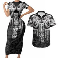 Tiki Drum Hawaii Couples Matching Short Sleeve Bodycon Dress and Hawaiian Shirt Hawaiian Kakau Tattoo Style LT14 Black - Polynesian Pride