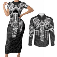 Tiki Drum Hawaii Couples Matching Short Sleeve Bodycon Dress and Long Sleeve Button Shirt Hawaiian Kakau Tattoo Style LT14 Black - Polynesian Pride