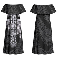 Tiki Drum Hawaii Family Matching Off Shoulder Maxi Dress and Hawaiian Shirt Hawaiian Kakau Tattoo Style LT14 Mom's Dress Black - Polynesian Pride