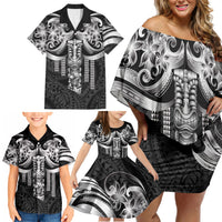 Tiki Drum Hawaii Family Matching Off Shoulder Short Dress and Hawaiian Shirt Hawaiian Kakau Tattoo Style LT14 - Polynesian Pride