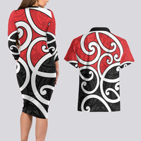 New Zealand Couples Matching Long Sleeve Bodycon Dress and Hawaiian Shirt Maori Koru Tino Rangatiratanga Color - Polynesian Pride
