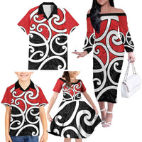 New Zealand Family Matching Off The Shoulder Long Sleeve Dress and Hawaiian Shirt Maori Koru Tino Rangatiratanga Color - Polynesian Pride