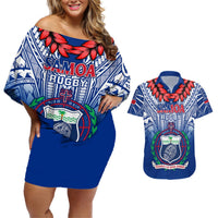 Samoa Rugby Couples Matching Off Shoulder Short Dress and Hawaiian Shirt 2023 Go Manu Samoa With Ula Fala Style LT14 Blue - Polynesian Pride