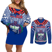 Samoa Rugby Couples Matching Off Shoulder Short Dress and Long Sleeve Button Shirts 2023 Go Manu Samoa With Ula Fala Style LT14 Blue - Polynesian Pride