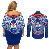 Samoa Rugby Couples Matching Off Shoulder Short Dress and Long Sleeve Button Shirts 2023 Go Manu Samoa With Ula Fala Style LT14 - Polynesian Pride