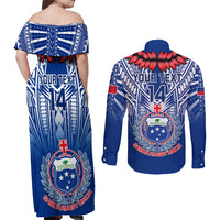 Custom Samoa Rugby Couples Matching Off Shoulder Maxi Dress and Long Sleeve Button Shirts 2023 Go Manu Samoa With Ula Fala Style LT14 - Polynesian Pride
