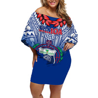 Custom Samoa Rugby Off Shoulder Short Dress 2023 Go Manu Samoa With Ula Fala Style LT14 Women Blue - Polynesian Pride