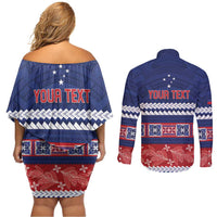 Personalised FAST Samoa Siapo Couples Matching Off Shoulder Short Dress and Long Sleeve Button Shirt Teuila Flowers Samoan Pattern - Polynesian Pride