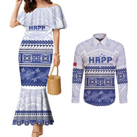 Personalised HRPP Samoa Siapo Couples Matching Mermaid Dress and Long Sleeve Button Shirt Teuila Flowers Samoan Pattern LT14 White - Polynesian Pride