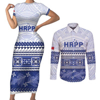 Personalised HRPP Samoa Siapo Couples Matching Short Sleeve Bodycon Dress and Long Sleeve Button Shirt Teuila Flowers Samoan Pattern LT14 White - Polynesian Pride