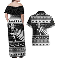 New Zealand Christmas Rugby Personalised Couples Matching Off Shoulder Maxi Dress and Hawaiian Shirt Meri Kirihimete All Black Maori - Polynesian Pride
