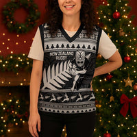 New Zealand Christmas Rugby Personalised Christmas Knitted V-Neck Vest Meri Kirihimete All Black Maori - Polynesian Pride