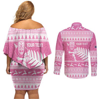 New Zealand Christmas Rugby Personalised Couples Matching Off Shoulder Short Dress and Long Sleeve Button Shirt Meri Kirihimete All Black Maori Pink Version - Polynesian Pride