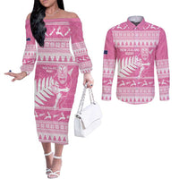 New Zealand Christmas Rugby Personalised Couples Matching Off The Shoulder Long Sleeve Dress and Long Sleeve Button Shirt Meri Kirihimete All Black Maori Pink Version - Polynesian Pride