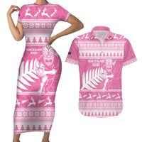 New Zealand Christmas Rugby Personalised Couples Matching Short Sleeve Bodycon Dress and Hawaiian Shirt Meri Kirihimete All Black Maori Pink Version - Polynesian Pride