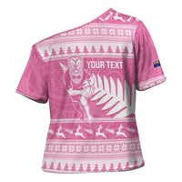 New Zealand Christmas Rugby Personalised Cross Shoulder Shirt Meri Kirihimete All Black Maori Pink Version - Polynesian Pride