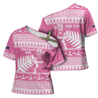 New Zealand Christmas Rugby Personalised Cross Shoulder Shirt Meri Kirihimete All Black Maori Pink Version - Polynesian Pride
