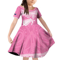 New Zealand Christmas Rugby Personalised Family Matching Off Shoulder Short Dress and Hawaiian Shirt Meri Kirihimete All Black Maori Pink Version - Polynesian Pride