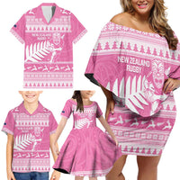 New Zealand Christmas Rugby Personalised Family Matching Off Shoulder Short Dress and Hawaiian Shirt Meri Kirihimete All Black Maori Pink Version - Polynesian Pride