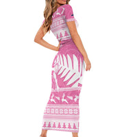 New Zealand Christmas Rugby Personalised Family Matching Short Sleeve Bodycon Dress and Hawaiian Shirt Meri Kirihimete All Black Maori Pink Version - Polynesian Pride